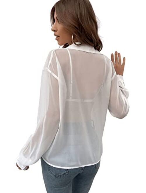 Verdusa Women's Sheer Mesh Button Down Shirt Top Long Sleeve Drop Shoulder Blouse