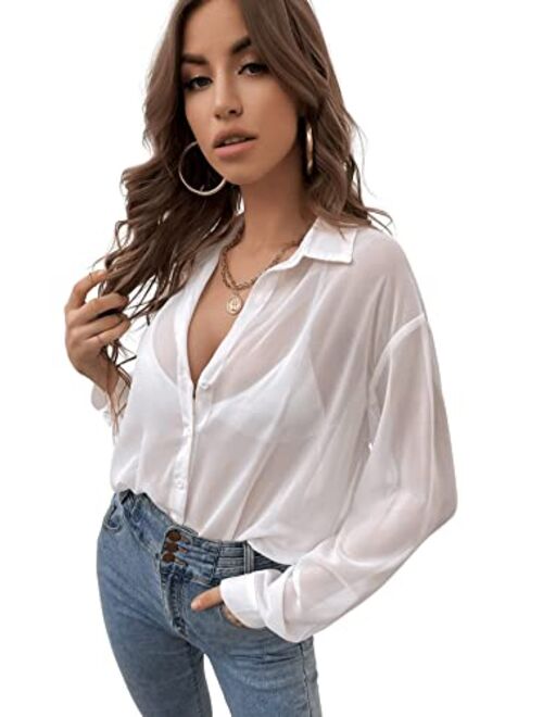 Verdusa Women's Sheer Mesh Button Down Shirt Top Long Sleeve Drop Shoulder Blouse
