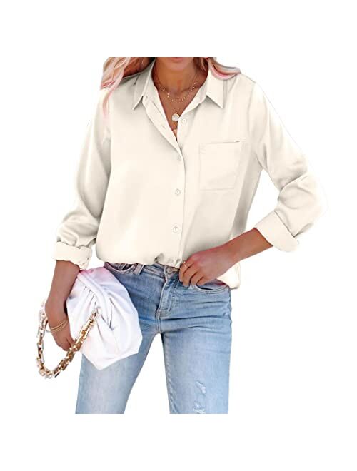 Pausus Satin Button Down Shirts for Women Long Sleeve Office Slim Fit Blouses Casual Business Silk Tops with Pocket S-XXL