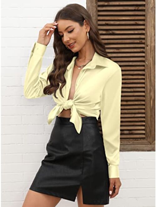 CUNLIN Womens Soft Satin Silk Button Down Shirts for Women Silky Long Sleeve Work Shirt Dress Blouses Tops