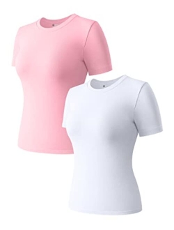 Women's 2 Piece Short Sleeve Tops Crew Neck Stretch Fitted Layer Tee Shirts Tops
