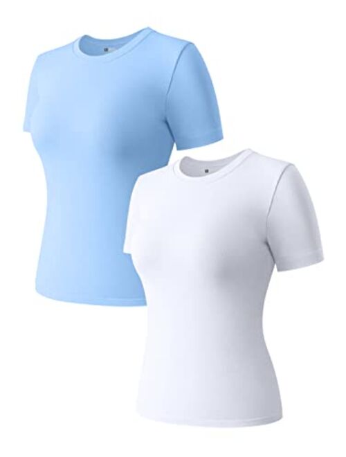 OQQ Women's 2 Piece Short Sleeve Tops Crew Neck Stretch Fitted Layer Tee Shirts Tops