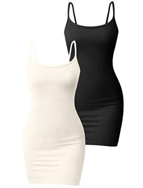 OQQ Women's 2 Piece Dresses Ribbed Sleeveless Adjustable Spaghetti Strips Tops Mini Dress