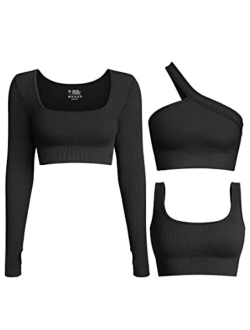 Women's 3 Piece Crop Tops Ribbed Long Sleeve Workout Tops One Shoulder Yoga Crop Top Exercise Sports Bra