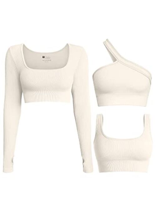OQQ Women's 3 Piece Crop Tops Ribbed Long Sleeve Workout Tops One Shoulder Yoga Crop Top Exercise Sports Bra