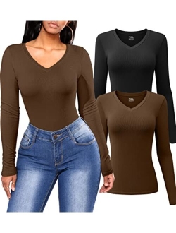 Women's 2 Piece Long Sleeve Tops V Neck Stretch Fitted Underscrubs Layer Tees Shirts