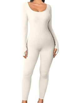 Women's Yoga Jumpsuits One Piece Ribbed Workout Rompers Long Sleeve Exercise Jumpsuits