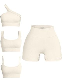 Women's 4 Piece Outfits Ribbed Seamless Exercise Scoop Neck Sports Bra One Shoulder Tops High Waist Shorts Active Set