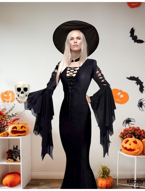 KatchOn, Gothic Witch Costume for Women - Adult Black Witch Dress Long Sleeve with Collar Choker and Skull, Halloween Cosplay