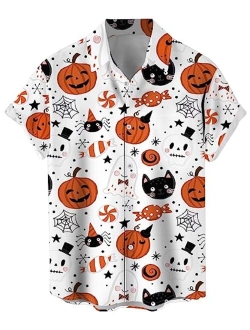 WHO IN SHOP Men's Halloween Short Sleeve Button Down Shirts Hawaiian Casual Printed Beach Shirt