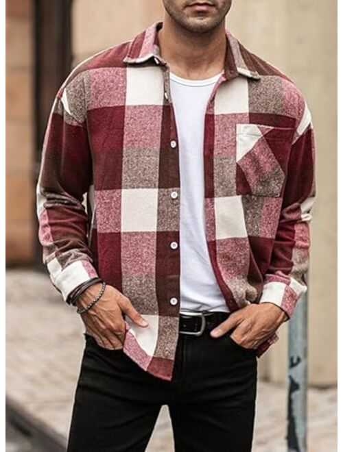 JMIERR Mens Flannel Shirts Shackets Casual Button Down Long Sleeve Plaid Shirt Lightweight Jackets with Pockets