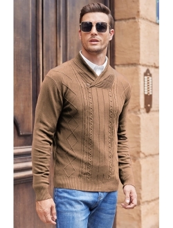 NITAGUT Mens Shawl Collar Pullover Sweater Slim Fit Sweater Cable Knit Pullover V Neck Soft Casual Button Sweater for Man