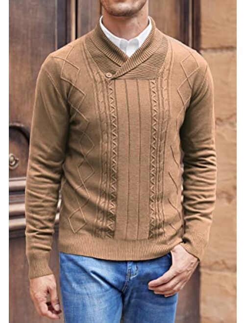 NITAGUT Mens Shawl Collar Pullover Sweater Slim Fit Sweater Cable Knit Pullover V Neck Soft Casual Button Sweater for Man