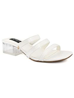 Women's Block Heel White Sandal Slip-On High Heel Dress Shoe Open Toe Strappy Backless Summer Mule