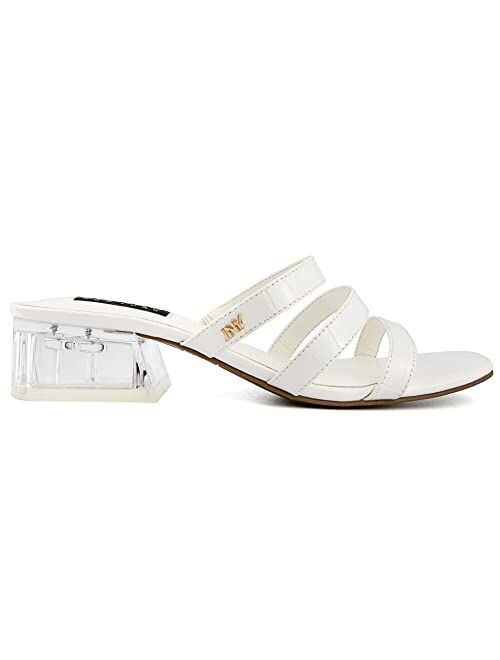 JONES NEW YORK Women's Block Heel White Sandal Slip-On High Heel Dress Shoe Open Toe Strappy Backless Summer Mule