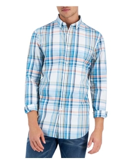 Men's Navel Regular-Fit Stretch Plaid Button-Down Poplin Shirt, Created for Macy's