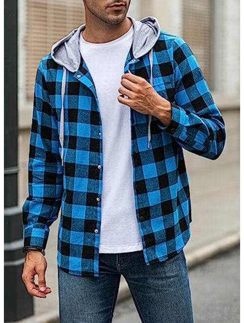 JMIERR Mens Casual Long Sleeve Button Down Hooded Flannel Shirts for Men Lightweight Drawstring Hooded Jackets Shirt