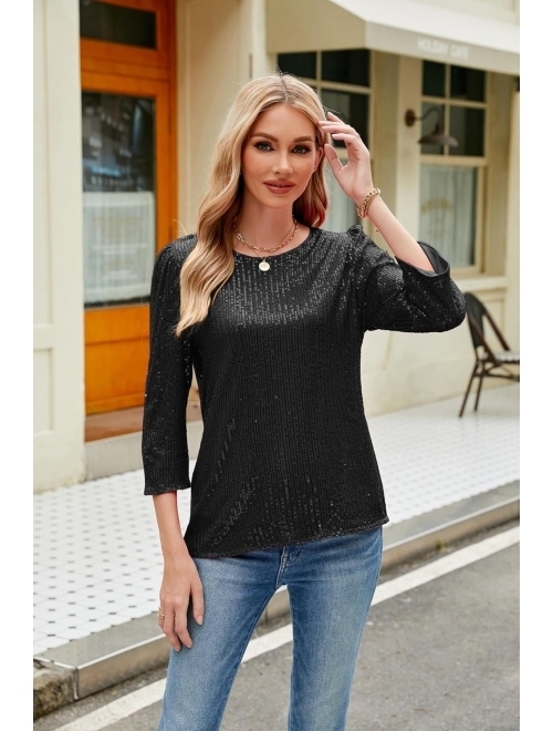 JASAMBAC 3/4 Sleeve Sequin Tops for Women Party Shimmer Embellished Sparkle Glitter Party Puff Tunic Top Blouse