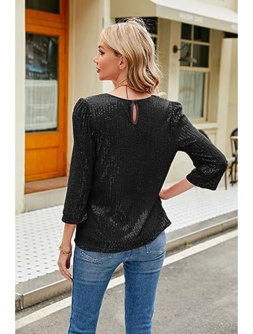 JASAMBAC 3/4 Sleeve Sequin Tops for Women Party Shimmer Embellished Sparkle Glitter Party Puff Tunic Top Blouse