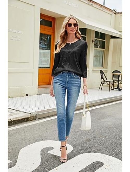 JASAMBAC 3/4 Sleeve Sequin Tops for Women Party Shimmer Embellished Sparkle Glitter Party Puff Tunic Top Blouse