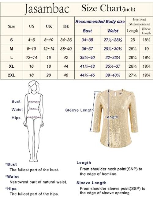 JASAMBAC 3/4 Sleeve Sequin Tops for Women Party Shimmer Embellished Sparkle Glitter Party Puff Tunic Top Blouse