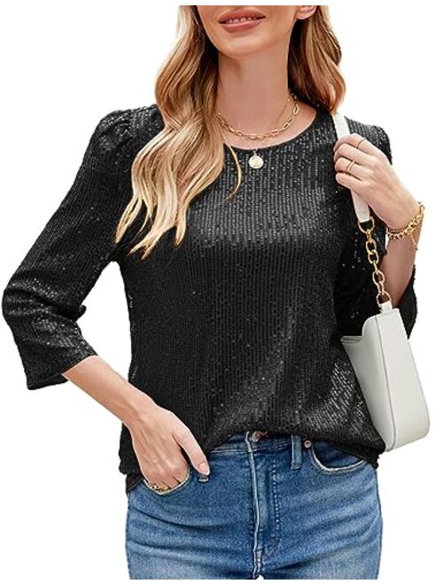 JASAMBAC 3/4 Sleeve Sequin Tops for Women Party Shimmer Embellished Sparkle Glitter Party Puff Tunic Top Blouse