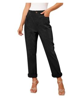 GRAPENT Corduroy Pants for Women Casual Stretchy High Waisted Straight Leg Trousers Comfy Loose Fit Slacks with Pockets