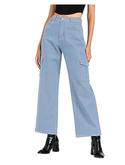 GRAPENT Cargo Jeans for Women Wide Leg Baggy High Waisted Jean Trousers Stretchy Denim Cargo Pants with Pockets Y2K