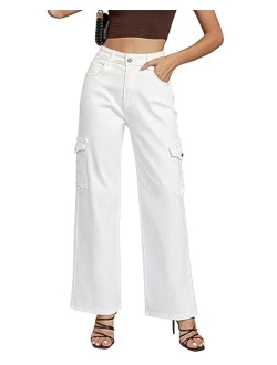 GRAPENT Cargo Jeans for Women Wide Leg Baggy High Waisted Jean Trousers Stretchy Denim Cargo Pants with Pockets Y2K