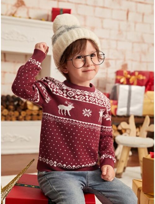 SHEIN Toddler Boys Christmas Geo & Elk Pattern Sweater