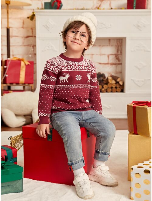 SHEIN Toddler Boys Christmas Geo & Elk Pattern Sweater