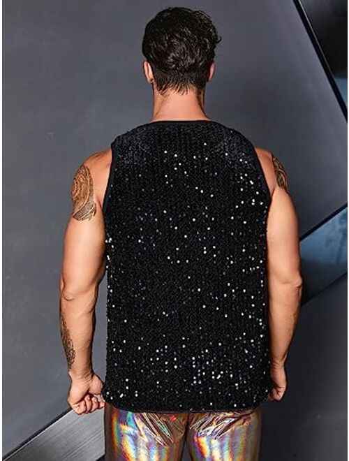 WDIRARA Men's Plus Size Sequin Sleeveless Round Neck Tank Top T Shirt Party Clubwear Top