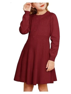 Girl Sweater Dress Long Sleeve Ruffle Button Front Knit Casual Fall Dresses for Girls 5-12