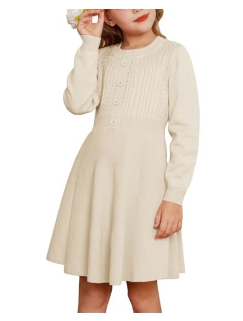 GRACE KARIN Girl Sweater Dress Long Sleeve Ruffle Button Front Knit Casual Fall Dresses for Girls 5-12