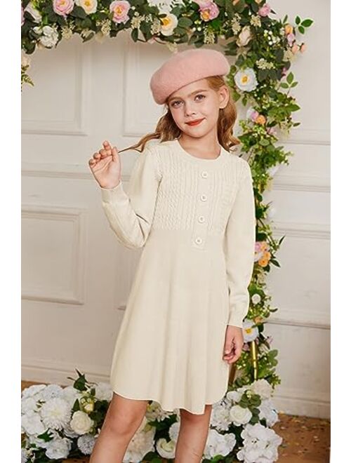 GRACE KARIN Girl Sweater Dress Long Sleeve Ruffle Button Front Knit Casual Fall Dresses for Girls 5-12