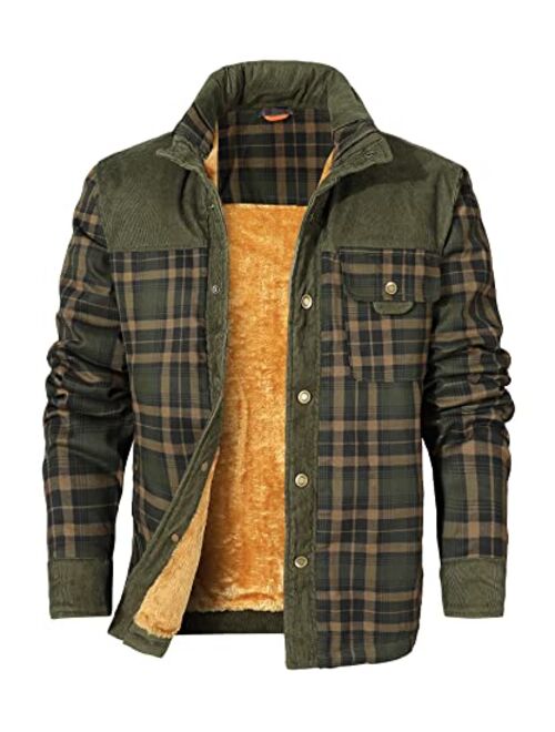 HYPESTFIT Men's Corduroy Plaid Sherpa Lined Flannel Shirt Jacket Fleece Coat