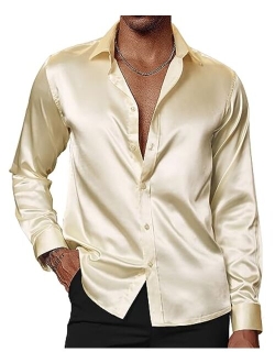 Men's Shiny Satin Dress Shirts Long Sleeve Button Down Silk Shirt with Bow Tie