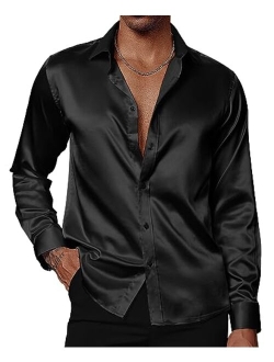 Men's Shiny Satin Dress Shirts Long Sleeve Button Down Silk Shirt with Bow Tie