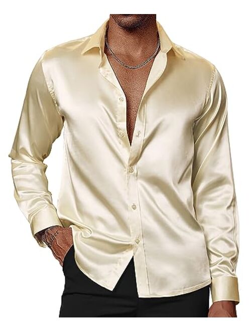 PJ PAUL JONES Men's Shiny Satin Dress Shirts Long Sleeve Button Down Silk Shirt with Bow Tie