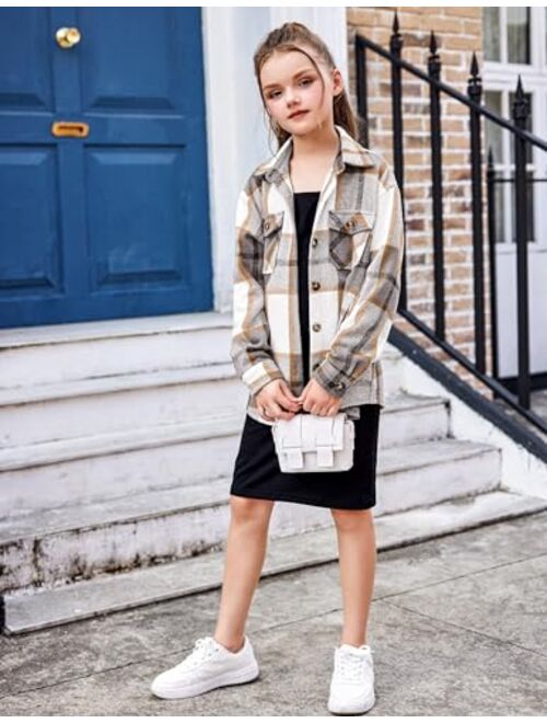Arshiner Girls Flannel Plaid Jackets Button Down Long Sleeve Shirts Blouses Tops with Pockets Outfits