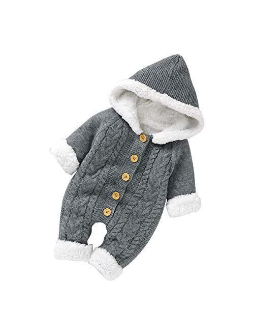 Camidy Baby Hooded Jumpsuit,Toddler Knitted Romper Cotton Long Sleeve One-Piece Coveralls