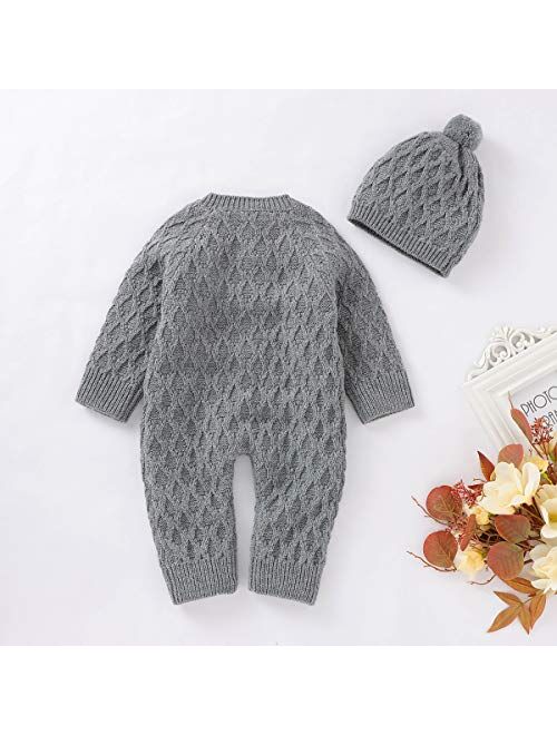 Hadetoto Newborn Baby Sweater Romper Knitted Sweater Long Sleeve Jumpsuit Outfits with Warm Hat