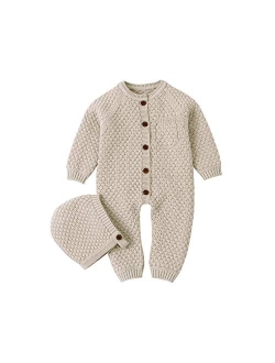 mimixiong Cotton Baby Romper Newborn Baby Knitted Clothes Longsleeve Sweater Outfit for Boy and Girls with Warm Hat Set