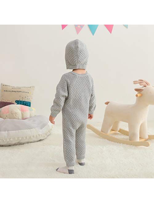 mimixiong Cotton Baby Romper Newborn Baby Knitted Clothes Longsleeve Sweater Outfit for Boy and Girls with Warm Hat Set