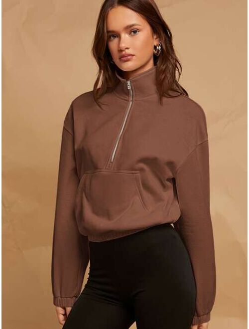 SHEIN EZwear Drop Shoulder Zip Half Placket Sweatshirt