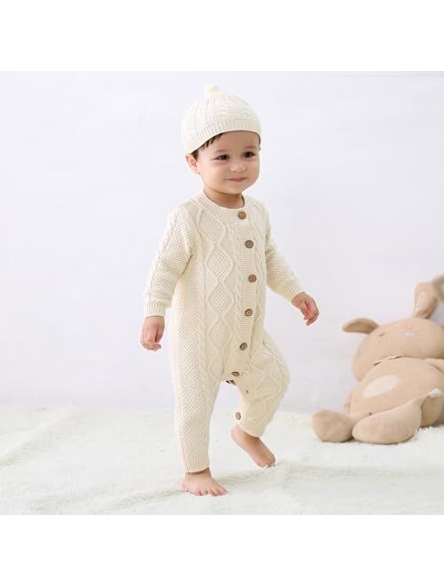 JunNeng Baby Newborn Cotton Knitted Sweater Romper Longsleeve Outfit with Warm Hat Set