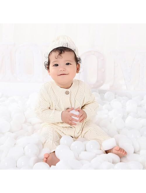 JunNeng Baby Newborn Cotton Knitted Sweater Romper Longsleeve Outfit with Warm Hat Set