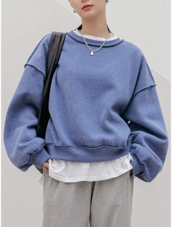 Less Solid Drop Shoulder Thermal Lined Sweatshirt Without Tee