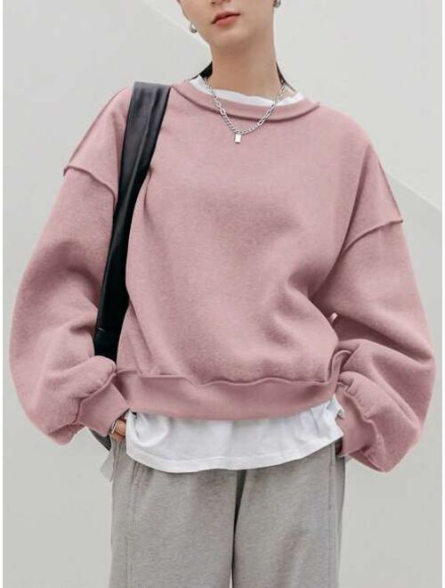 Dazy Less Solid Drop Shoulder Thermal Lined Sweatshirt Without Tee