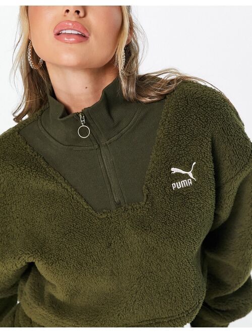 Puma Classics Cozy Club borg half zip sweatshirt in deep olive - Exclusive at ASOS